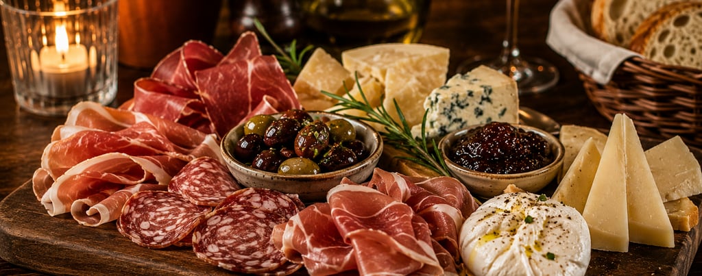 Gourmet charcuterie board with prosciutto, salami, burrata cheese, olives, and fig jam on a wooden platter.