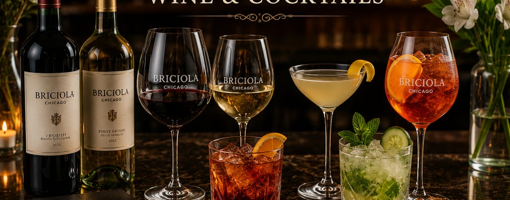 A selection of wine and craft cocktails on a bar at Briciola Chicago.