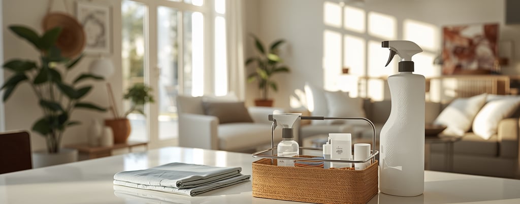 Natural cleaning supplies and spray bottle in a caddy on a white kitchen table in a bright, modern living room.