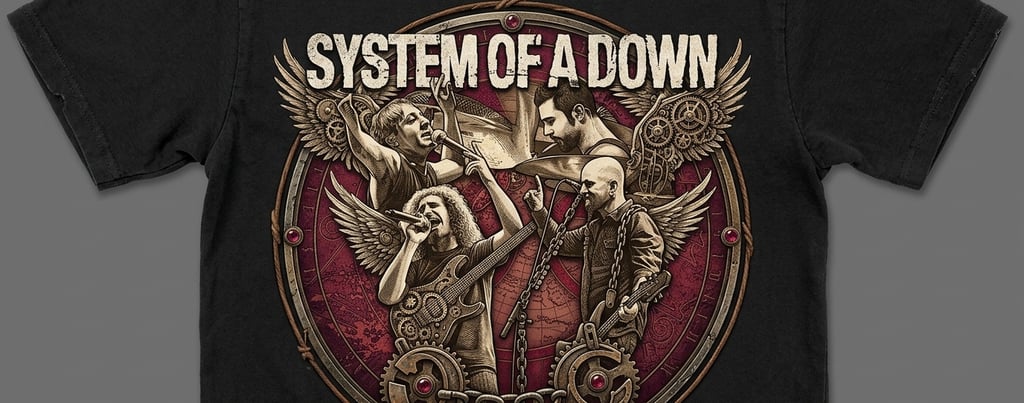 Black System of a Down band t-shirt featuring a detailed steampunk graphic of the band members.