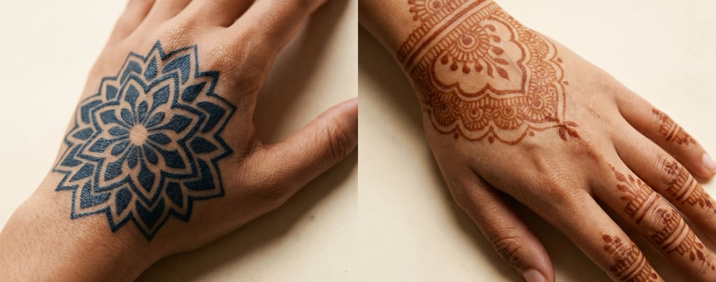 Comparison of a blue mandala hand tattoo and traditional reddish-brown henna body art designs.