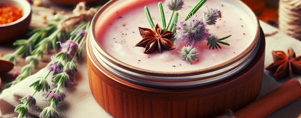 homemade salve in brown glass jar with lavender to the side