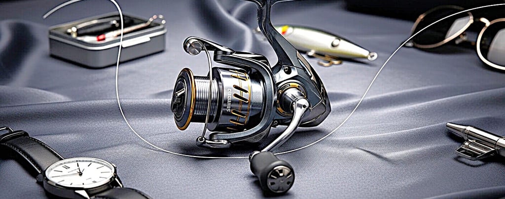 molinete shimano pesca curimba cor azul claro cima mesa junto uma isca artificial um relógio.