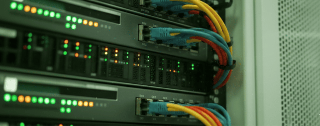 Serveurs et équipements réseau avec câbles connectés dans une baie informatique