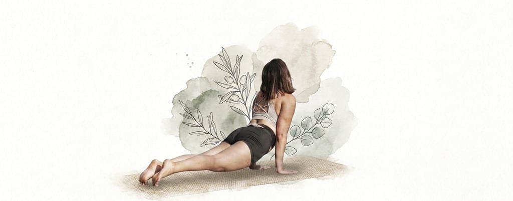 A woman performing a cobra yoga pose on a mat with artistic watercolor botanical illustrations.