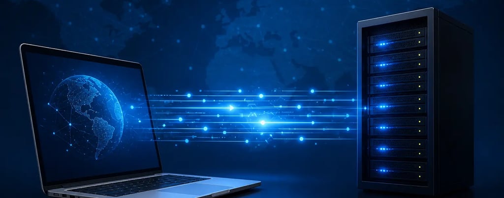 laptop connected to server with glowing data flow representing internet communication