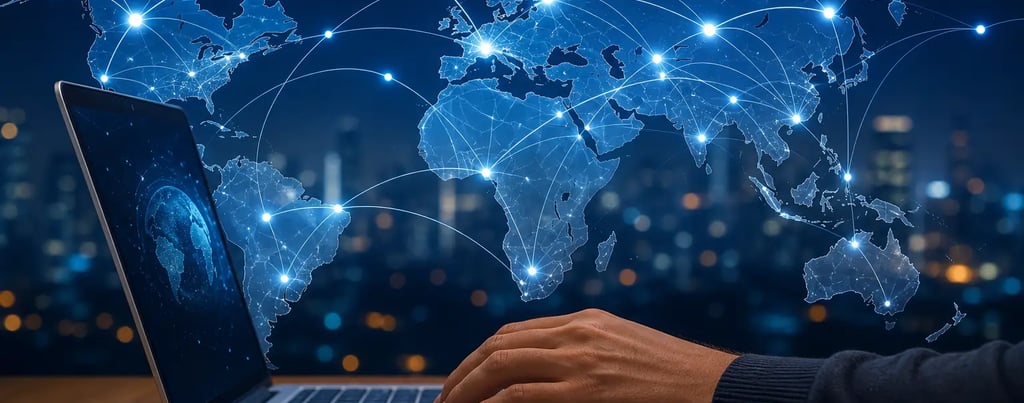 person using laptop with global digital network map showing internet connectivity