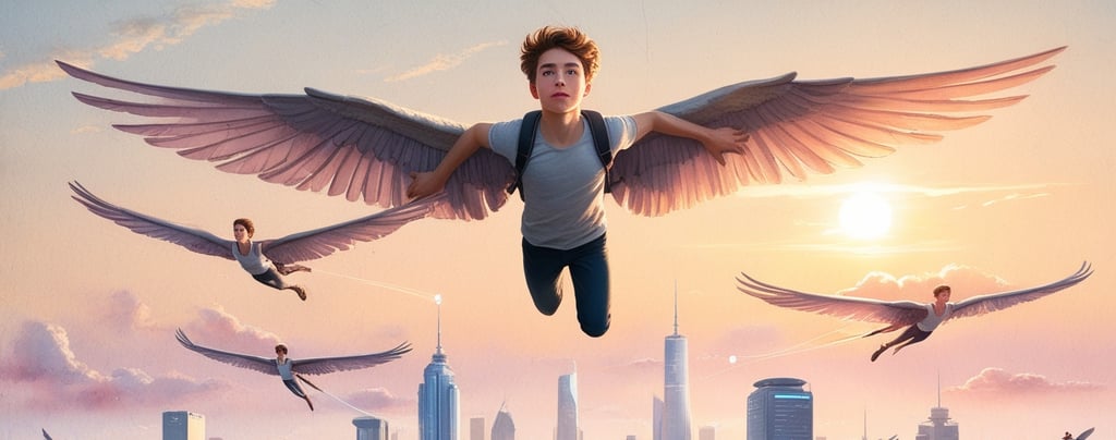 Illustration of people with wings taking off from rooftops