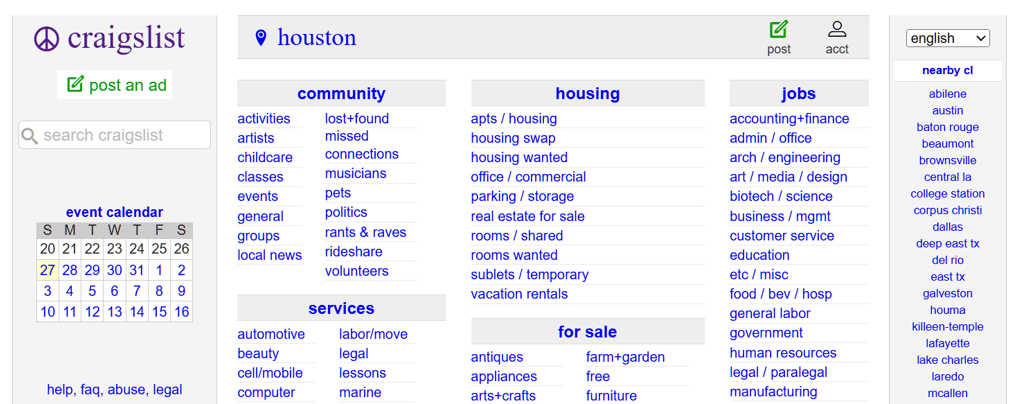 Craigslist screenshot of the website