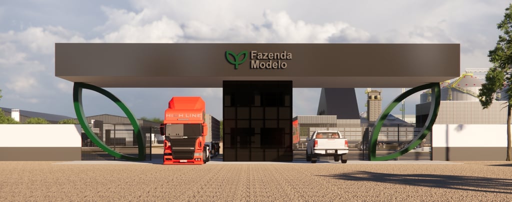 Guarita de entrada da fazenda com cobertura e área de controle de acesso