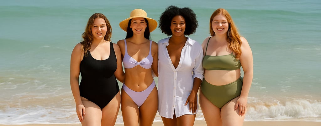 Group of four diverse women in swimsuits smiling together on a beach, showcasing body-inclusive