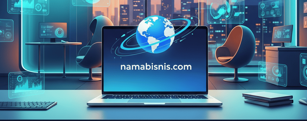 Ilustrasi sebuah laptop modern dengan layar menampilkan nama domain "namabisnis.com" dan sebuah ikon globe yang berputar.