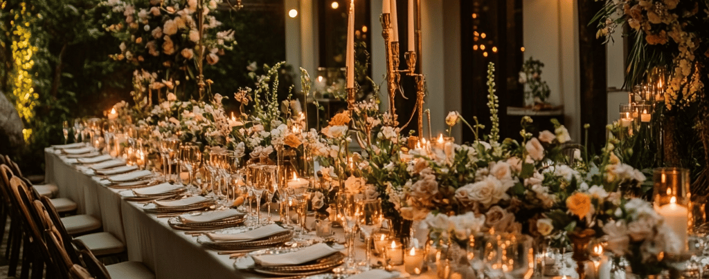 a long table with candles and candles on it