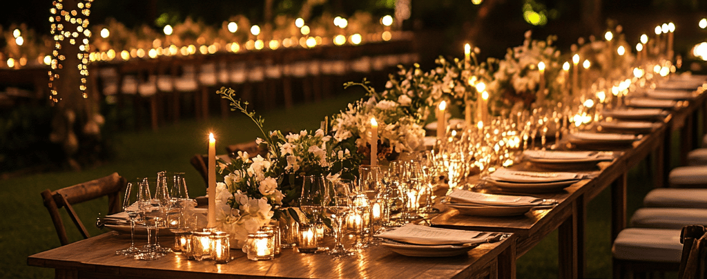 a long table with candles and candles on it