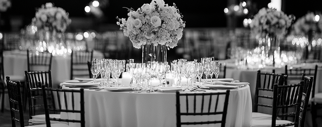 a table with a table set up for a wedding