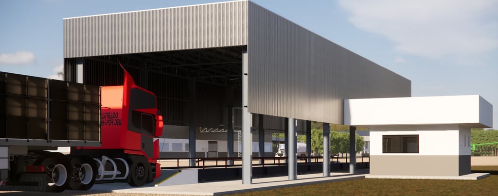 Estrutura coberta de balança para caminhões com casa de apoio administrativa na fazenda