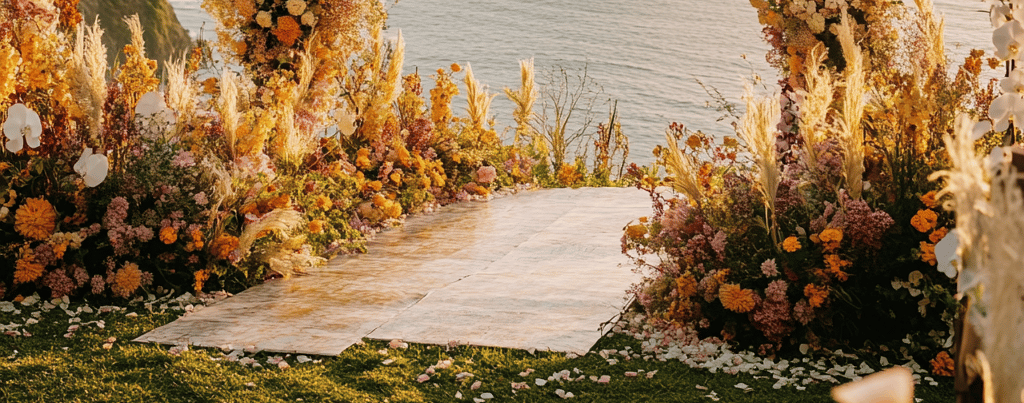 a wedding ceremony with a floral arch
