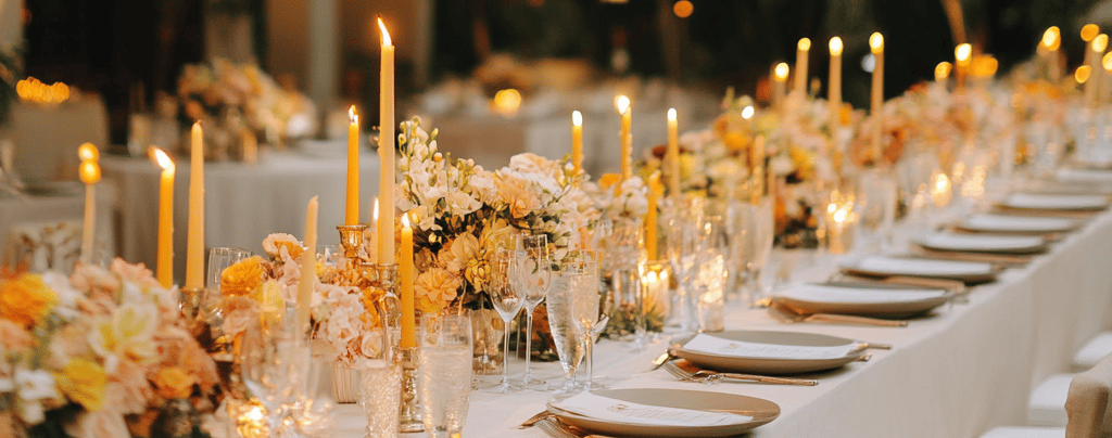 a long table with candles and candles on it