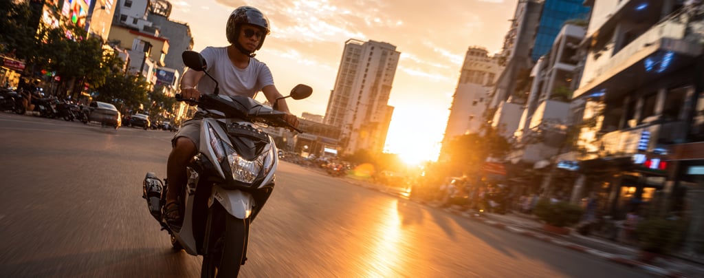 Young English teacher riding a scooter through Phnom Penh at sunset