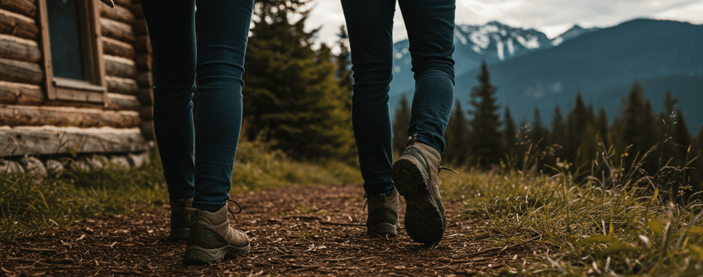 two people walking down a path with mountains in the background