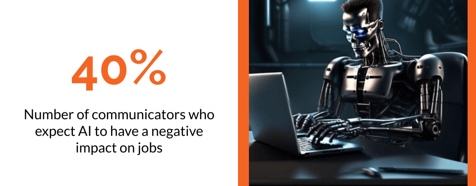 A robot looking at a keyboard with statistic about PR people losing jobs to AI