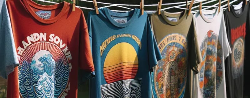 a bunch of t - shirts hanging on a clothes line