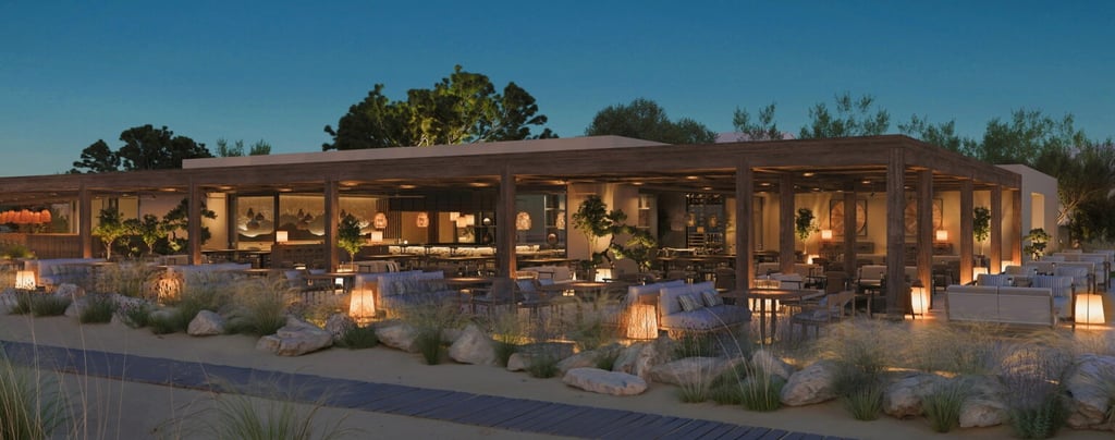 Luxury Ikos Kissamos resort lounge with modern wooden architecture and illuminated outdoor seating.