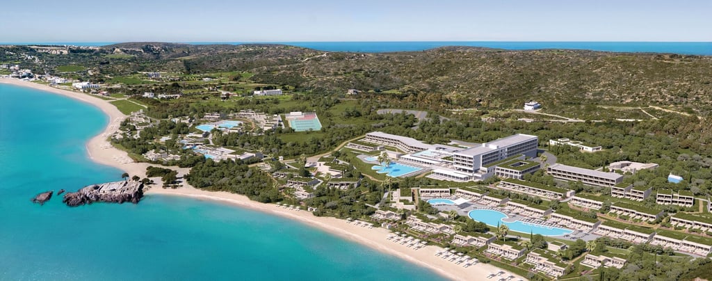 Ikos Aria resort ariel view of turquoise seas and hotel with swimming pools 