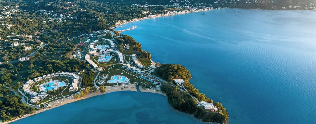 Ikos Odisia resort ariel view of the beach, swimming pools and hotel