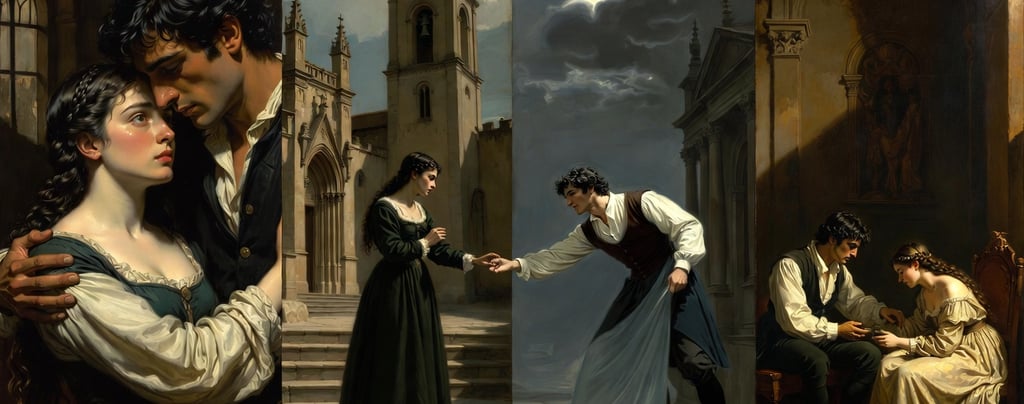 Four-panel classical painting of the Lovers of Teruel in romantic and tragic poses