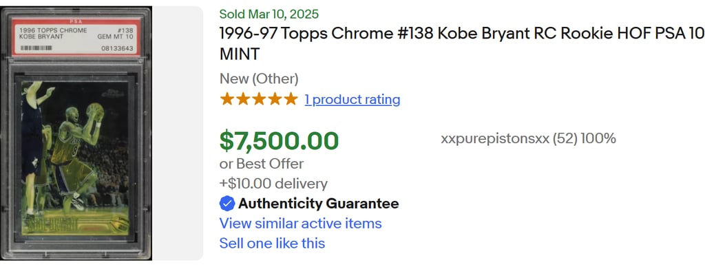 Kobe Bryant rookie card sold on ebay