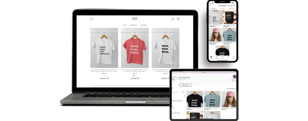 set of laptop, cell phone and ipad displaying personalized online store