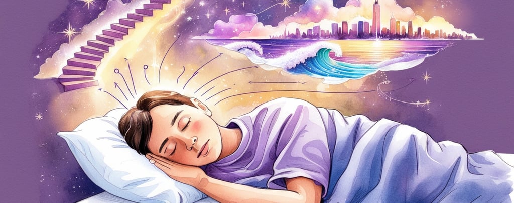 Person wearing sleep headset inside glowing dream world