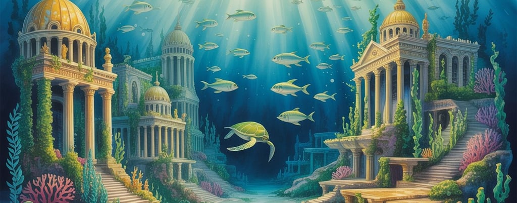 Fantasy city of Atlantis with advanced temples and waterways
