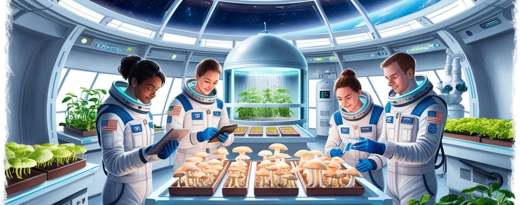 Concept art of mushroom-based buildings on the Moon