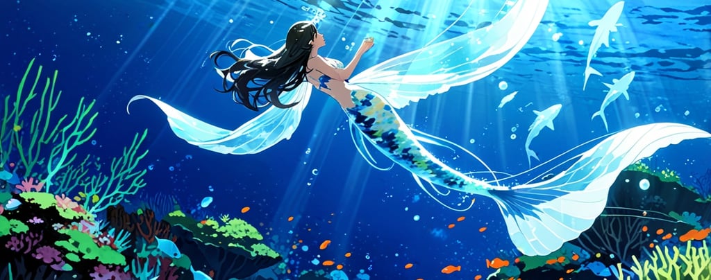 Bioluminescent mermaid glowing in the dark sea