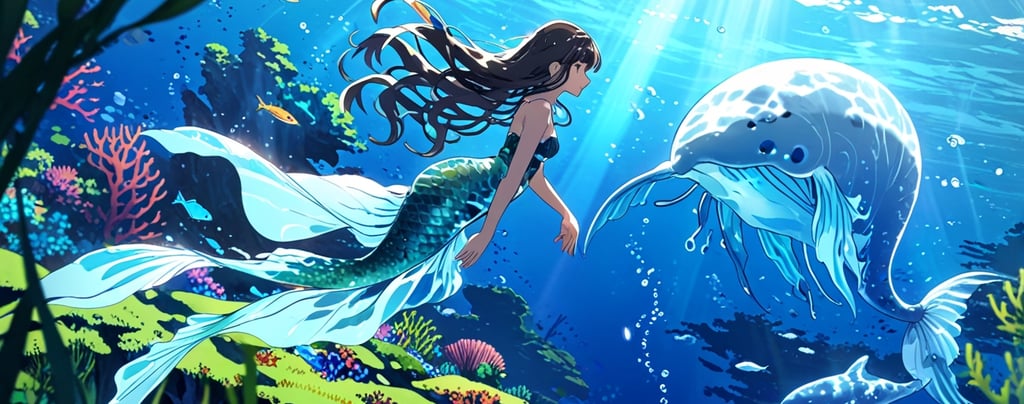 Mysterious mermaid silhouette swimming in deep ocean