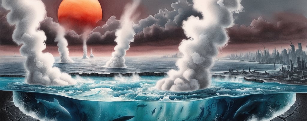 Oceans turning into giant steam clouds under a burning sun