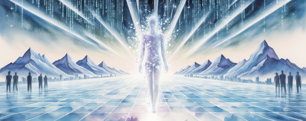 Futuristic concept of light beams forming a simulated Earth