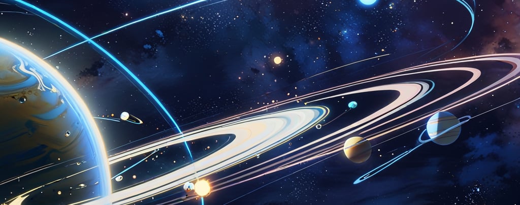 Illustration of Saturn’s rings with moons scattered around it