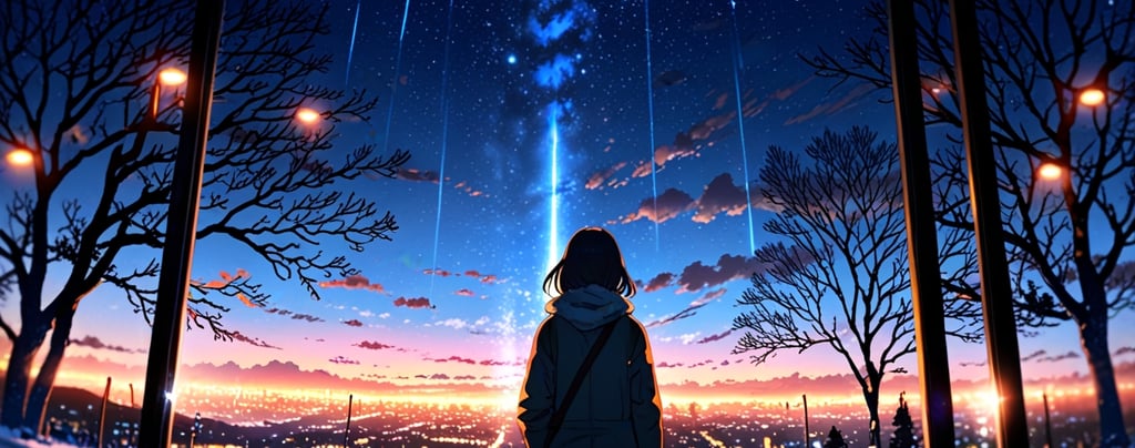 Human silhouette staring at endless night horizon