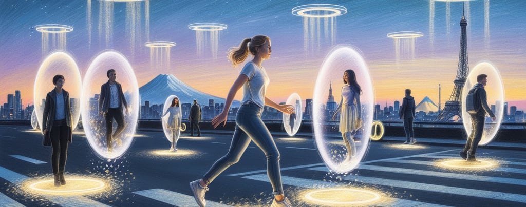 Human figure dissolving into light beams during teleportation