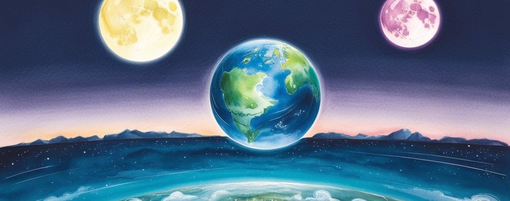 Fantasy night sky with two moons above mountains