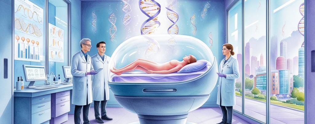 DNA strand merging with hourglass, representing engineered immortality.