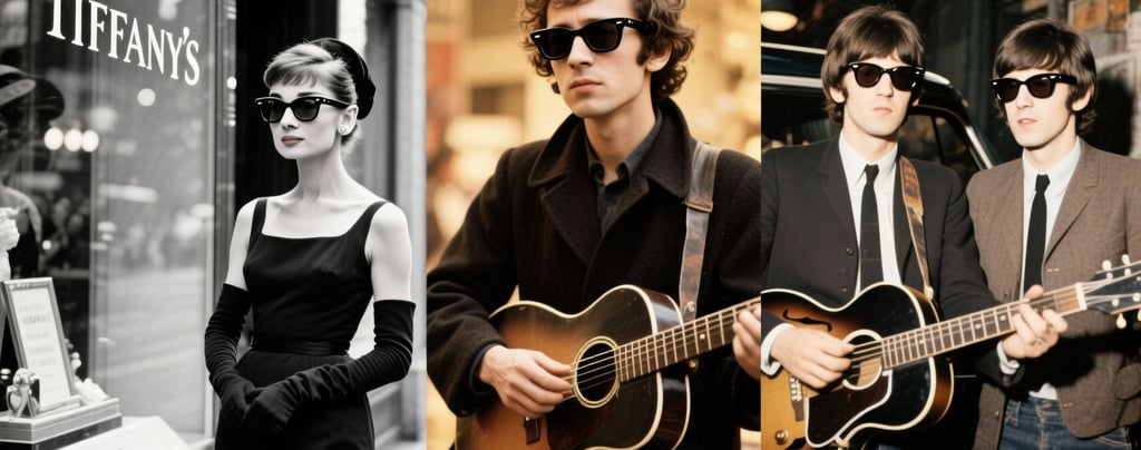 Collage con Audrey Hepburn, Bob Dylan y The Beatles usando Wayfarer, íconos 