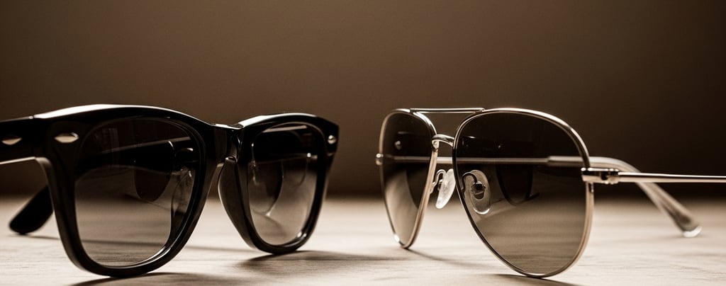 Comparación entre unas gafas Wayfarer de acetato y unas metálicas tipo Aviator, mostrando el contras