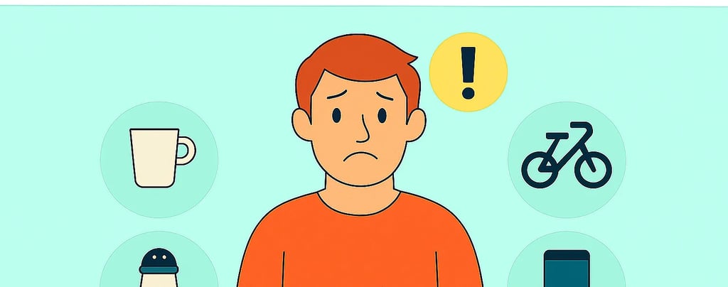 Homme inquiet entouré d’icônes représentant des habitudes liées à l’éjaculation précoce, habitudes qui donnent l'éjaculation 