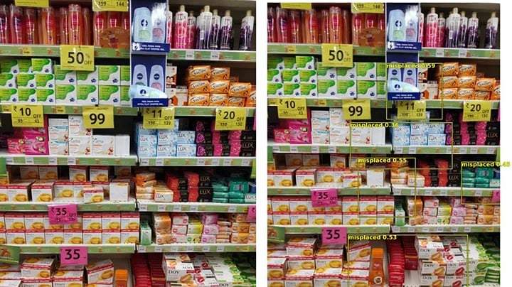 Original image (L) — Our model identifying misplaced products (R)