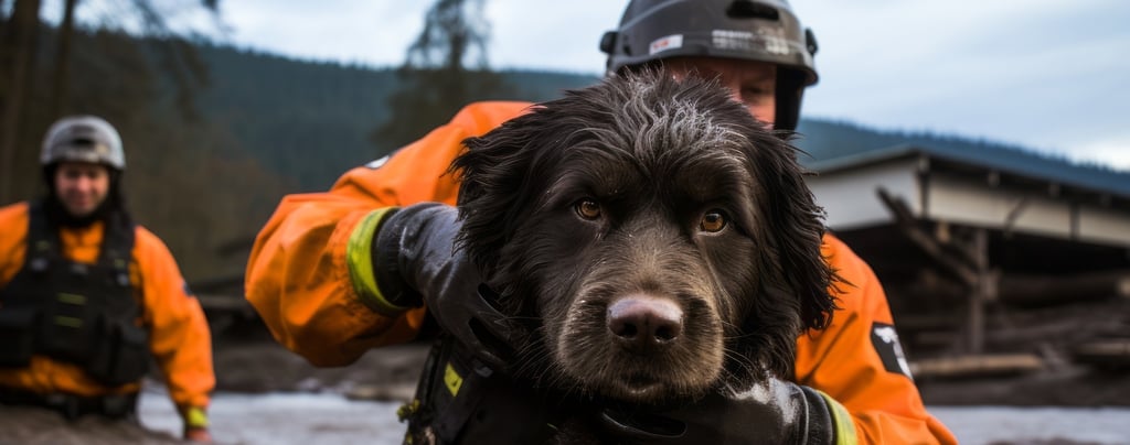 a dog is being held by a firefighter during disaster