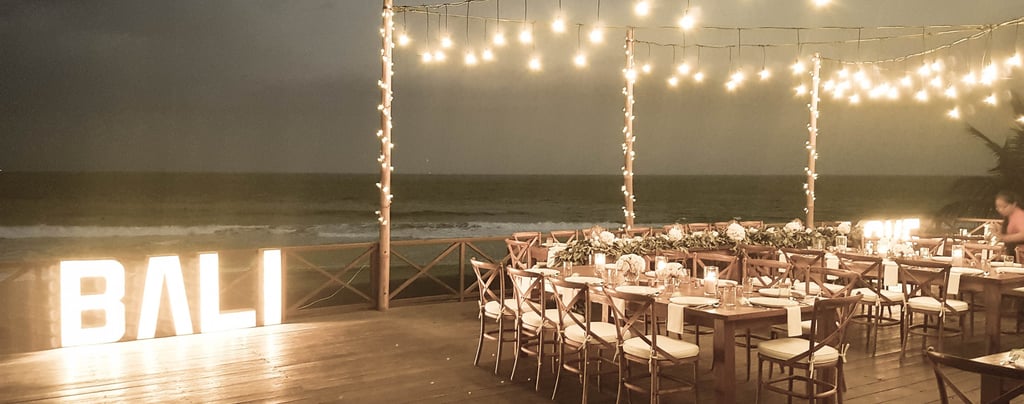 a large table with a ball of lights on it
